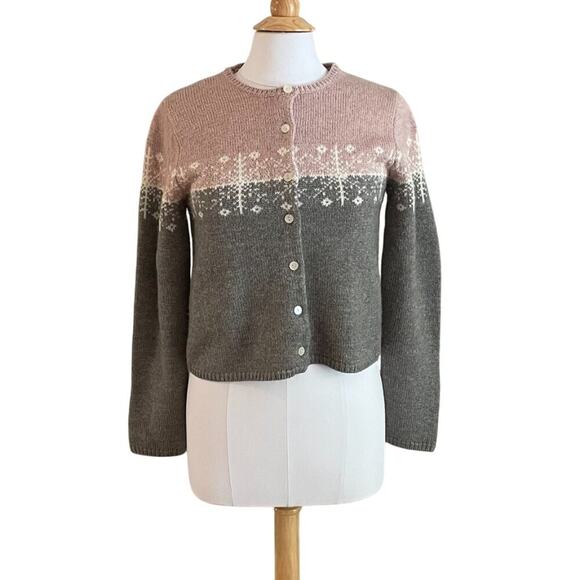 LOFT Merino Wool Blend Pastel Pink Gray Fair Isle Snowflake Cardigan, Size S - Picture 1 of 11